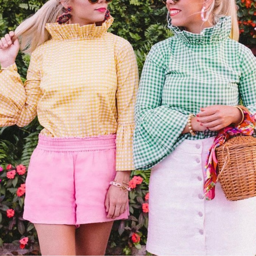 Women’s Ruffle Neck Gingham Blouse - orange
